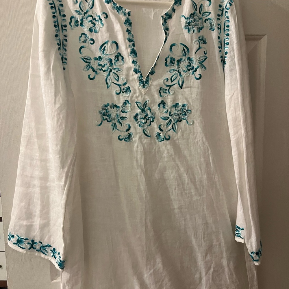 Embroidered White and Blue Women's Top